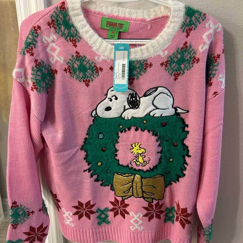 Peanuts Pink Snoopy Holiday Sweater - super cute !!  Fuzzy collar with bling ! - Picture 2 of 5